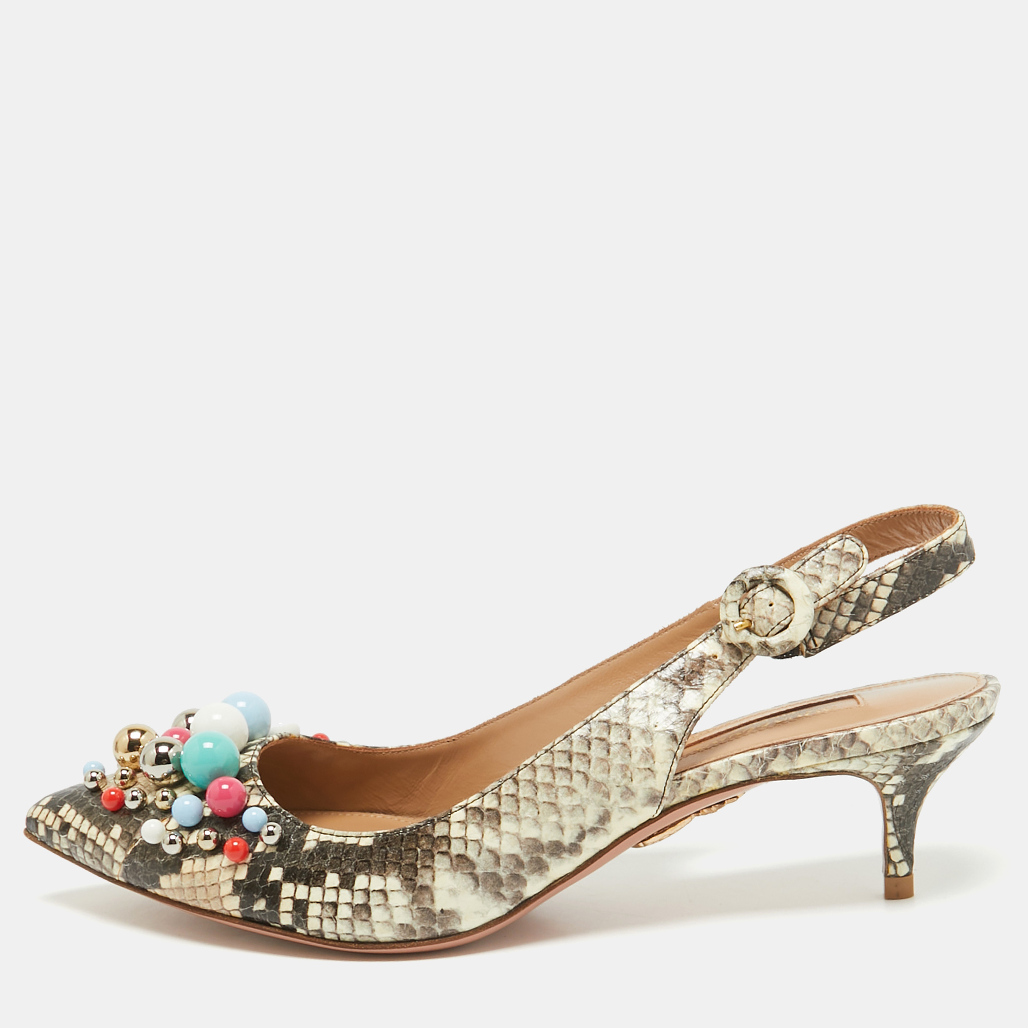 

Aquazzura Brown/Beige Python Embossed Leather Embellished Bonbon Slingback Pumps Size