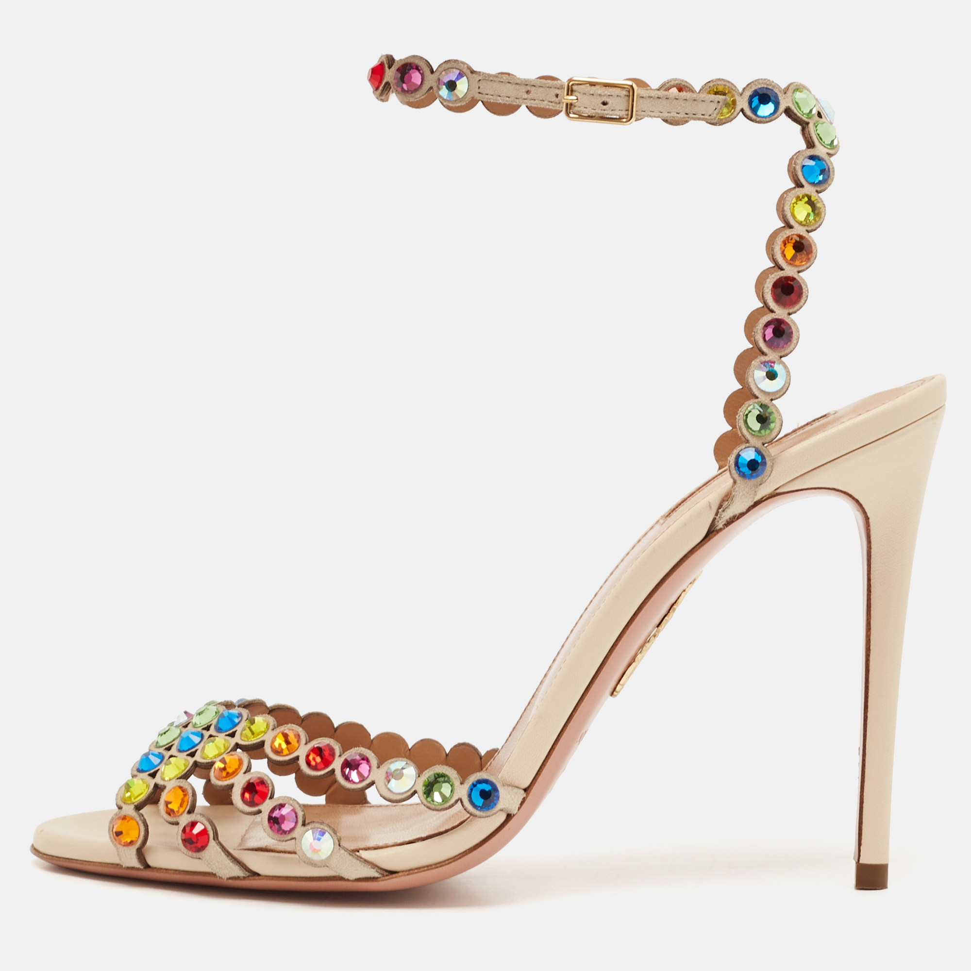 

Aquazzura Multicolor Crystal Embellished Leather Tequila Ankle Strap Sandals Size