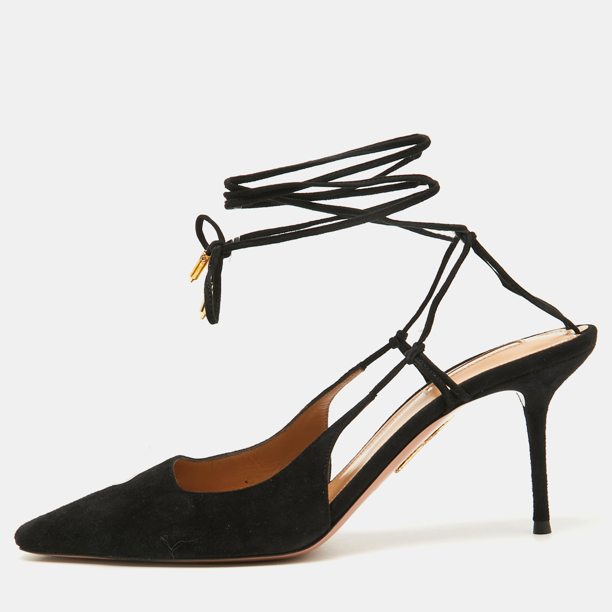 

Aquazzura Black Suede Ankle Wrap Ambra Pumps Size