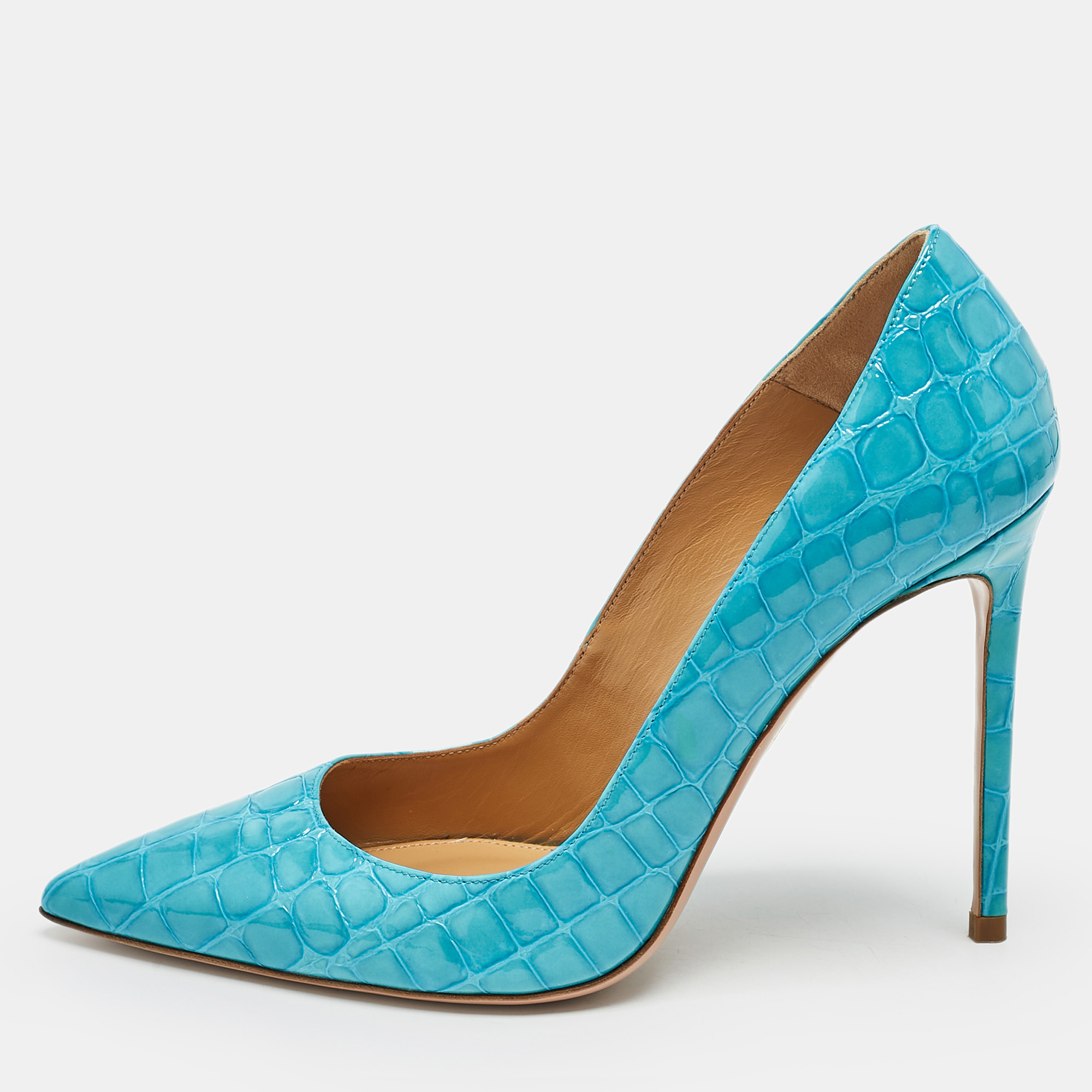 

Aquazzura Blue Croc Embossed Leather Pointed Toe Pumps Size