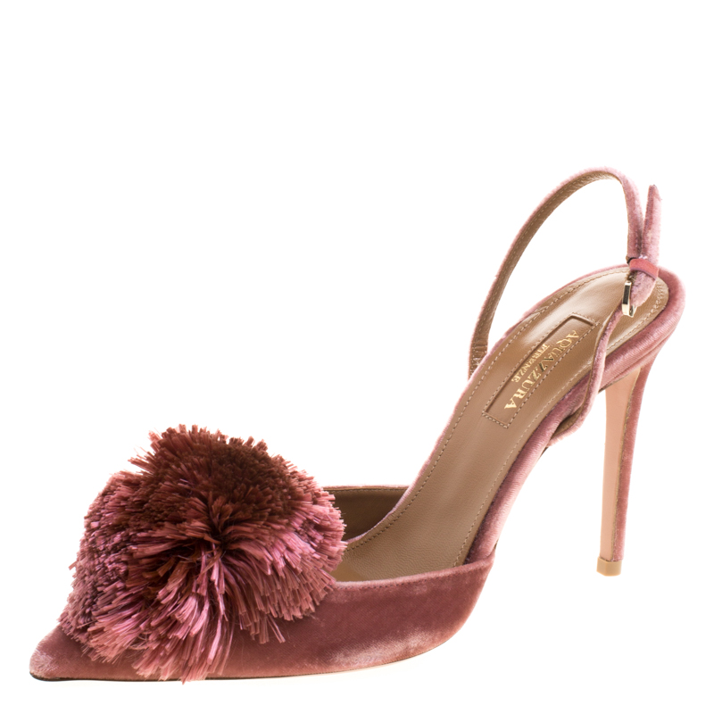 Aquazzura Antique Rose Velvet Powder Puff Pointed Toe Slingback Sandals Size 38