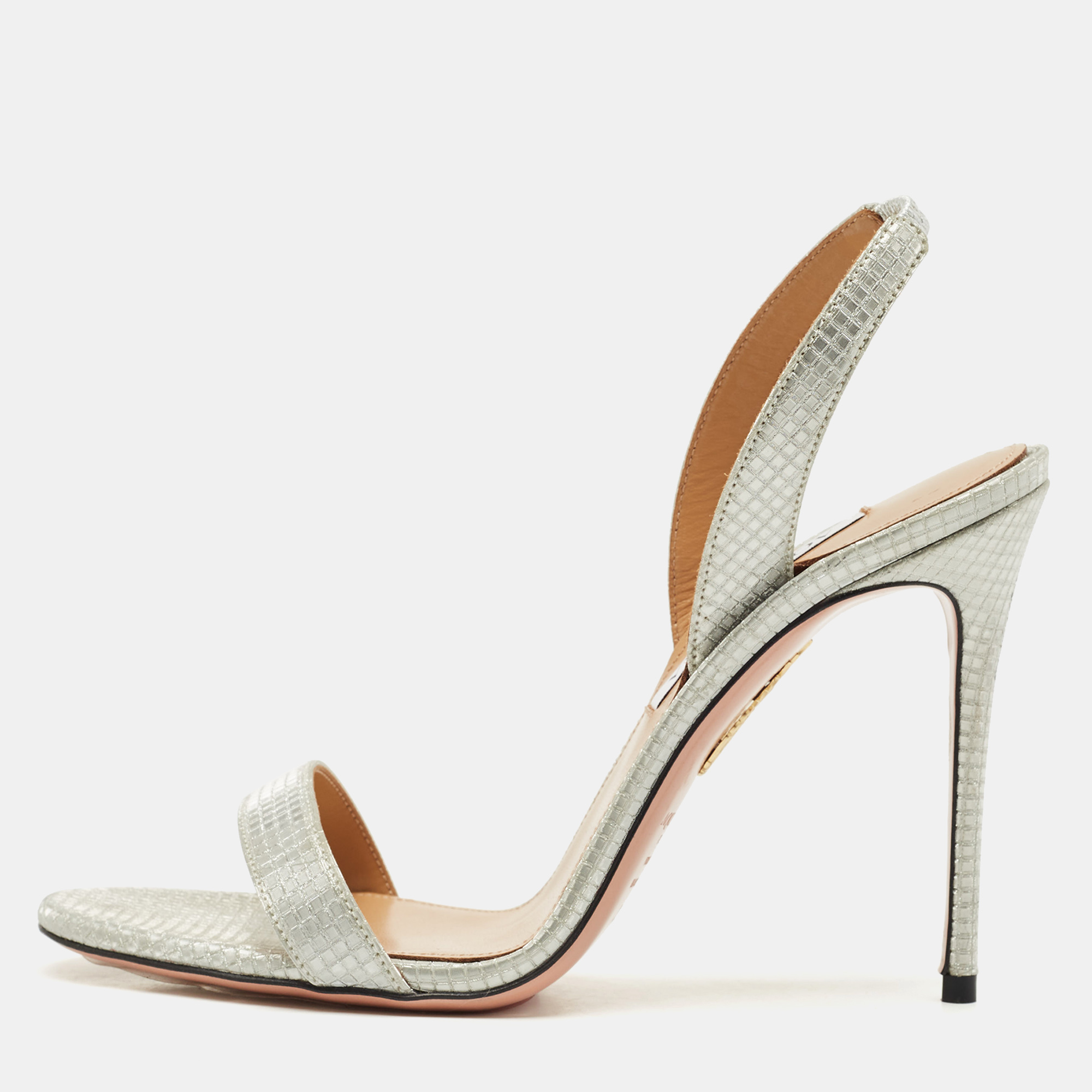

Aquazzura Silver Glitter Ankle Strap Sandals Size