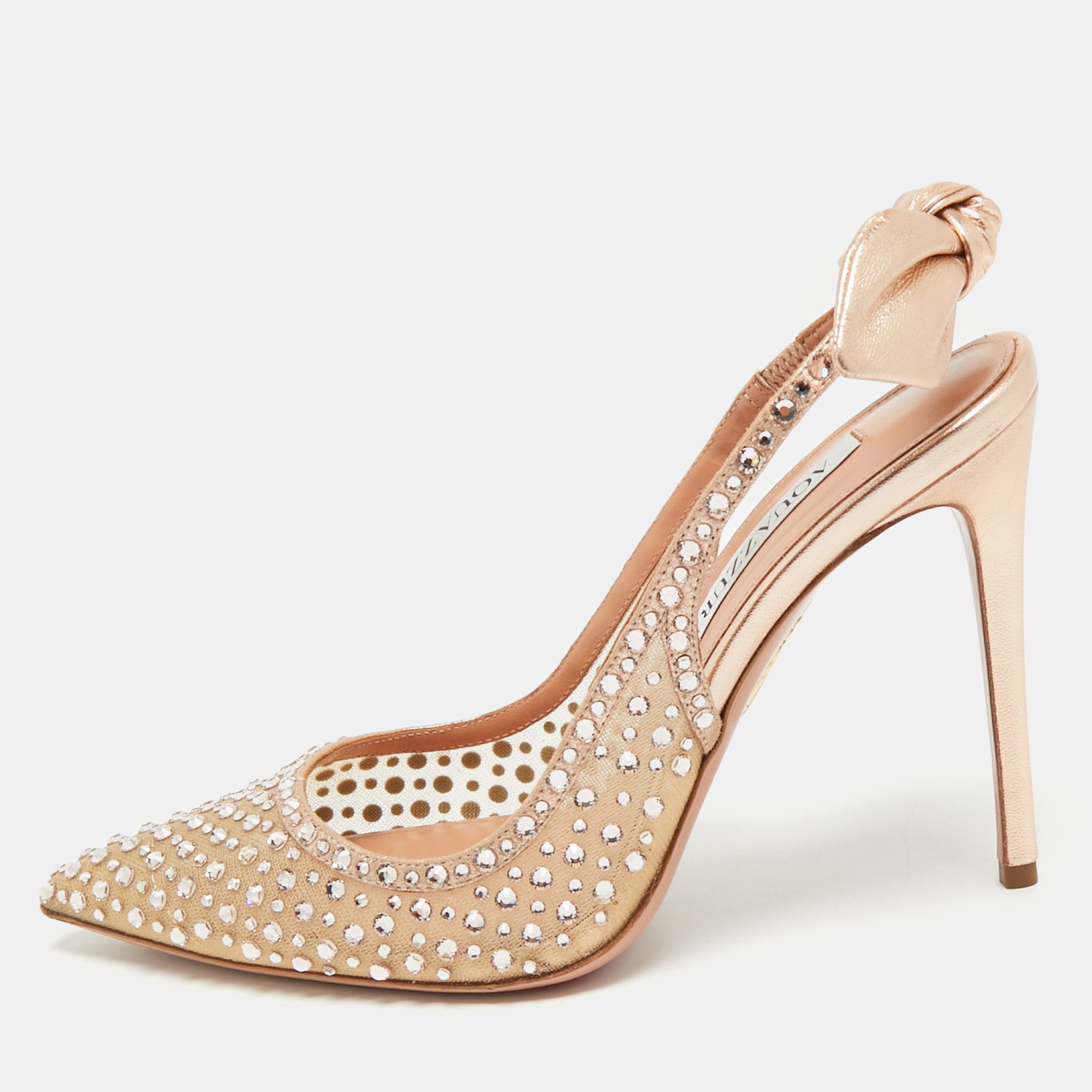 

Aquazzura Rose Gold Leather and Mesh Bow Tie Slingback Pumps Size, Pink