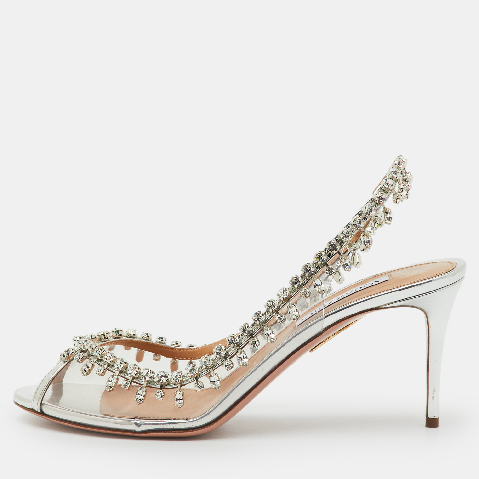 

Aquazzura Transparent/Silver PVC and Leather Temptation Crystal Slingback Pumps Size