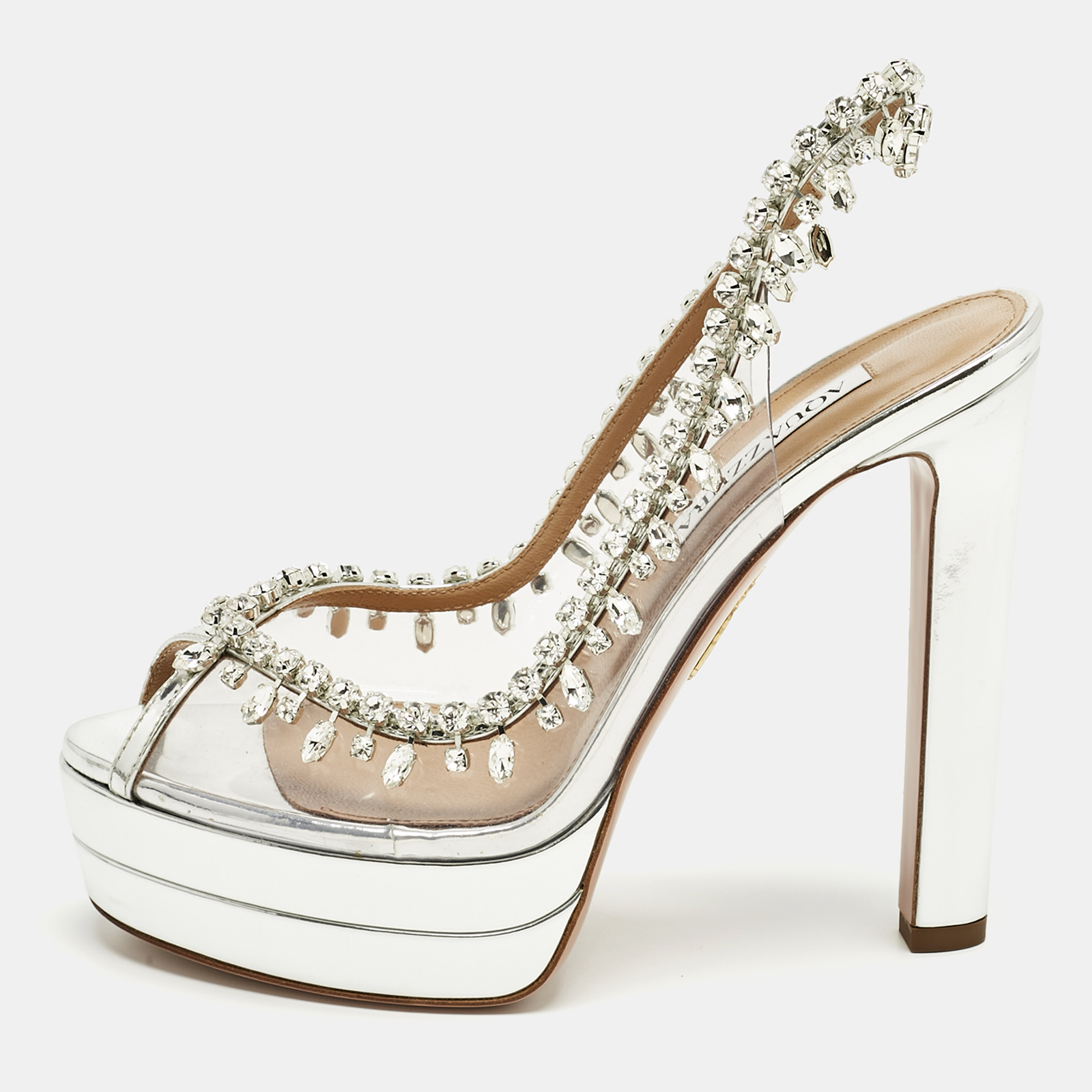 

Aquazzura Silver Patent Leather and PVC Temptation Crystals Slingback Platform Pumps Size