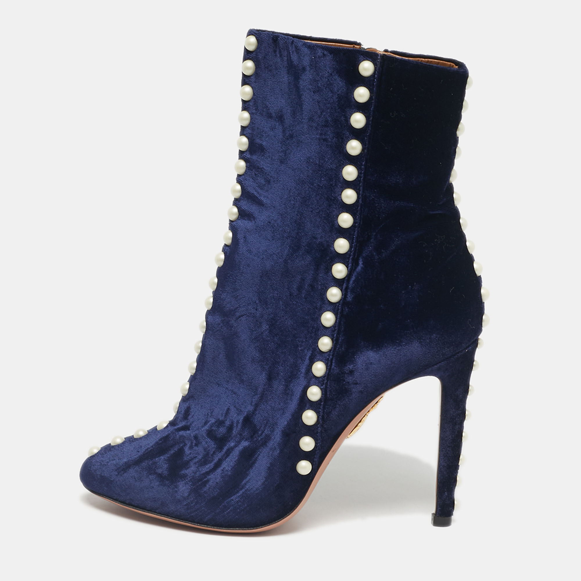 Pre-owned Aquazzura Navy Blue Velvet Follie Pearls Ankle Boots Size 36.5