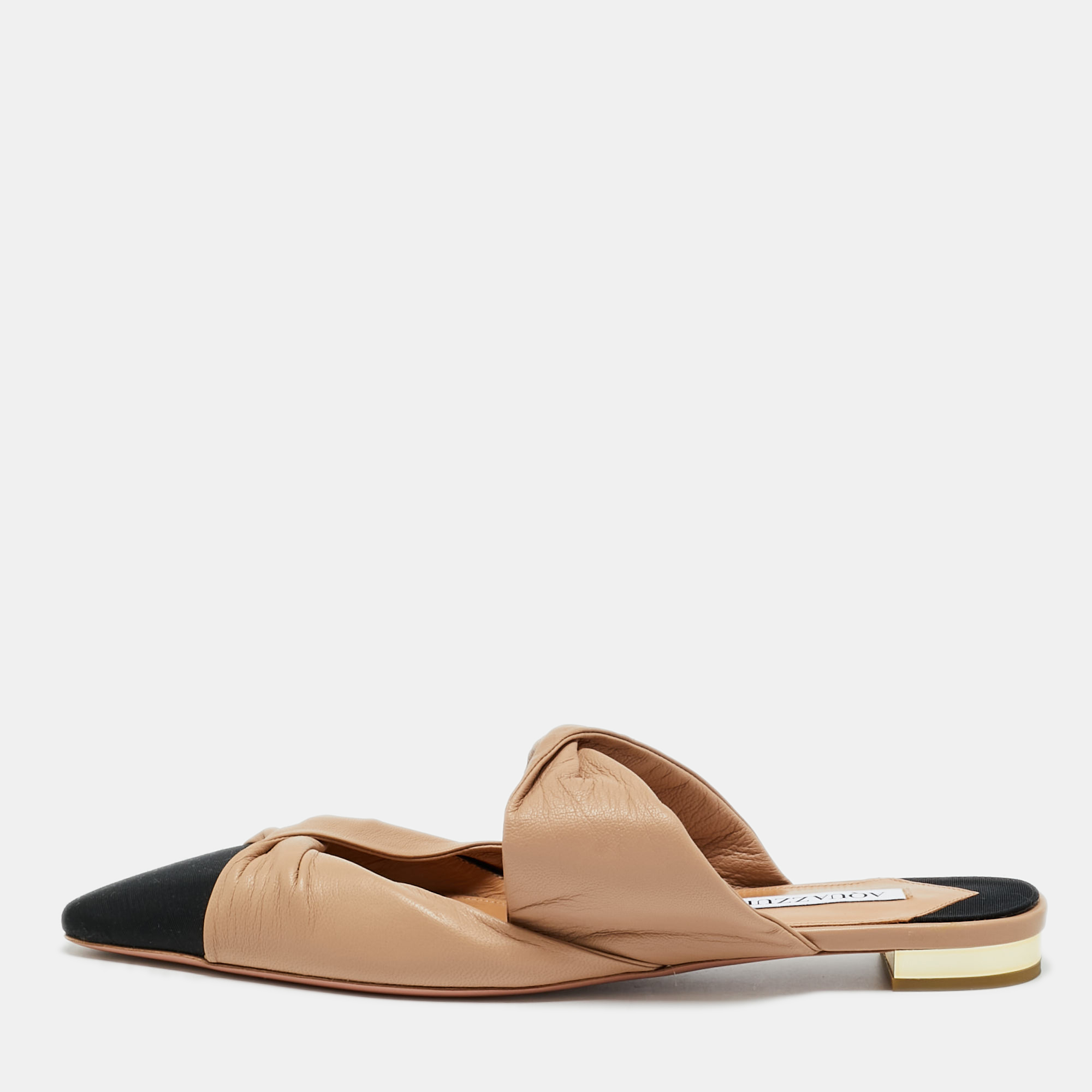 Pre-owned Aquazzura Beige/black Leather And Fabric Twist Cap Toe Mules Size 38 In Sand