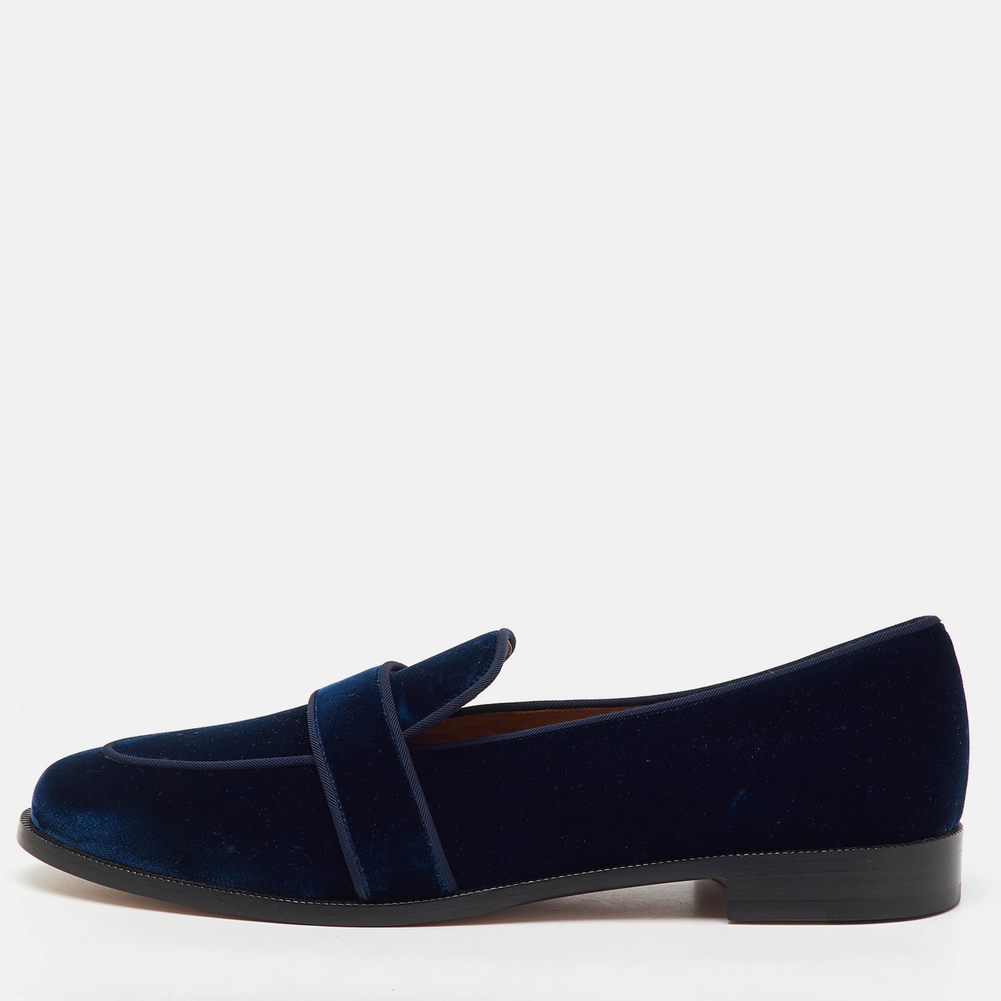 Pre-owned Aquazzura Navy Blue Velvet Martin Slip On Loafers Size 41