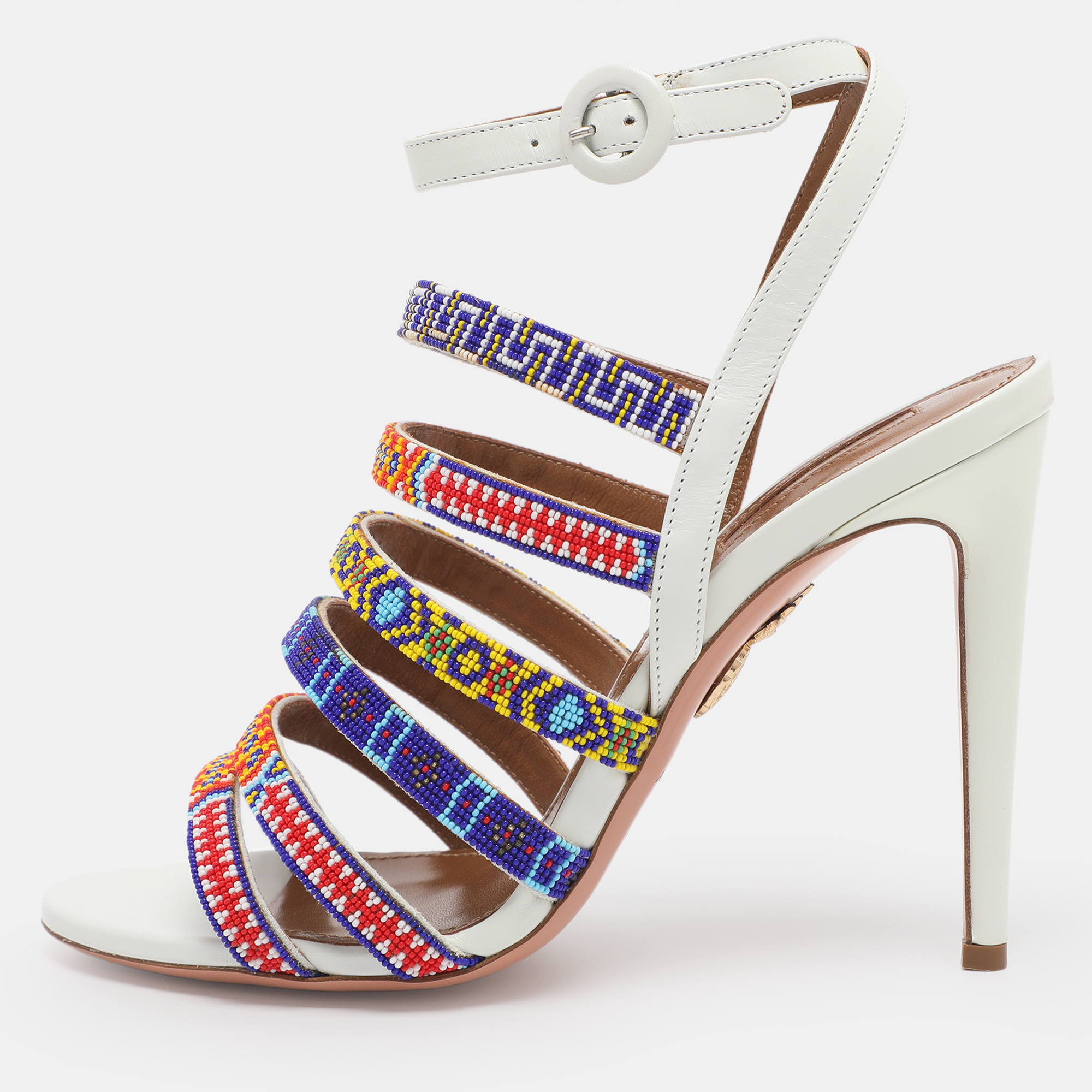 Pre-owned Aquazzura White Beads And Leather Strappy Ankle Strap Sandals Size 38.5