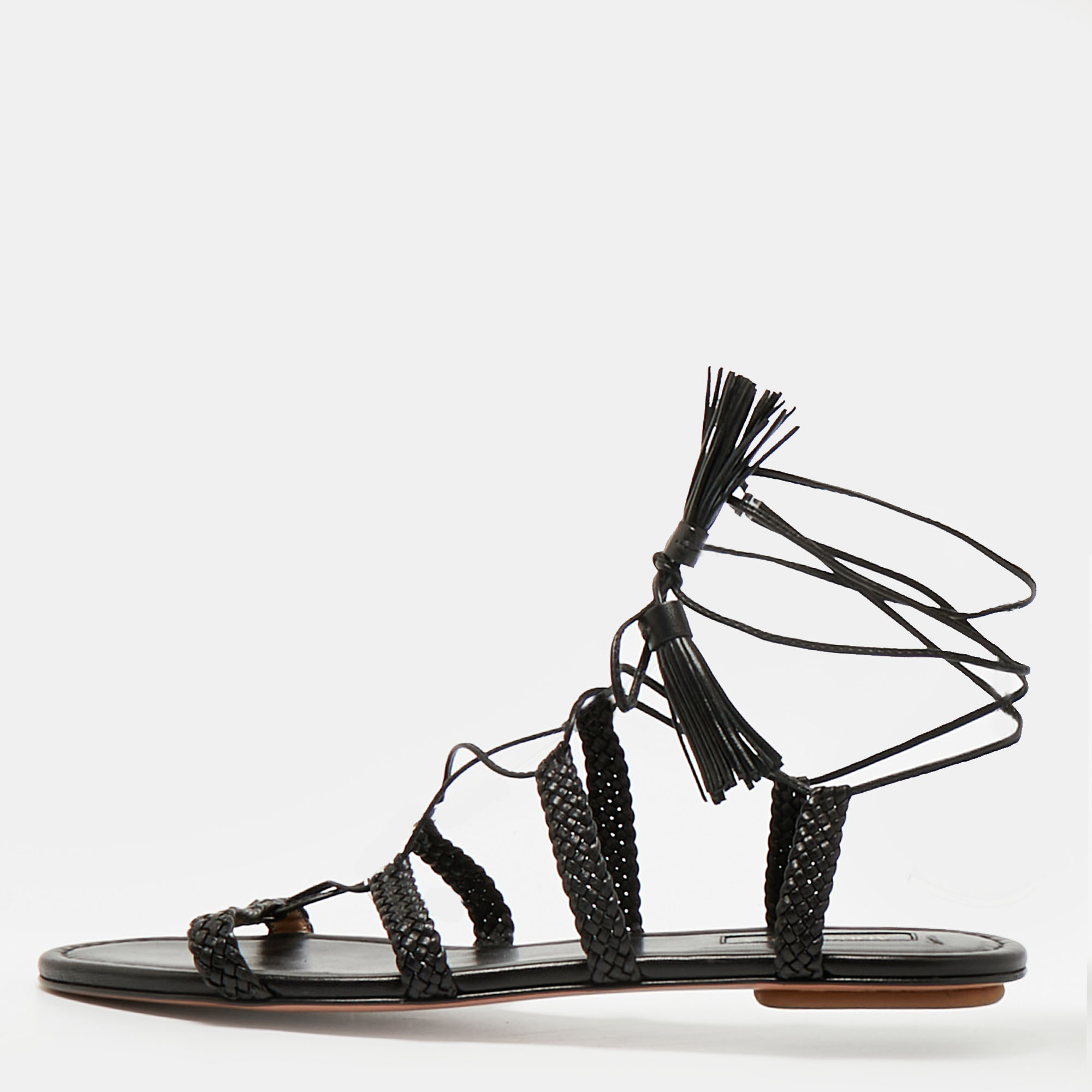 

Aquazzura Black Braided Leather Stromboli Gladiator Flat Sandals Size