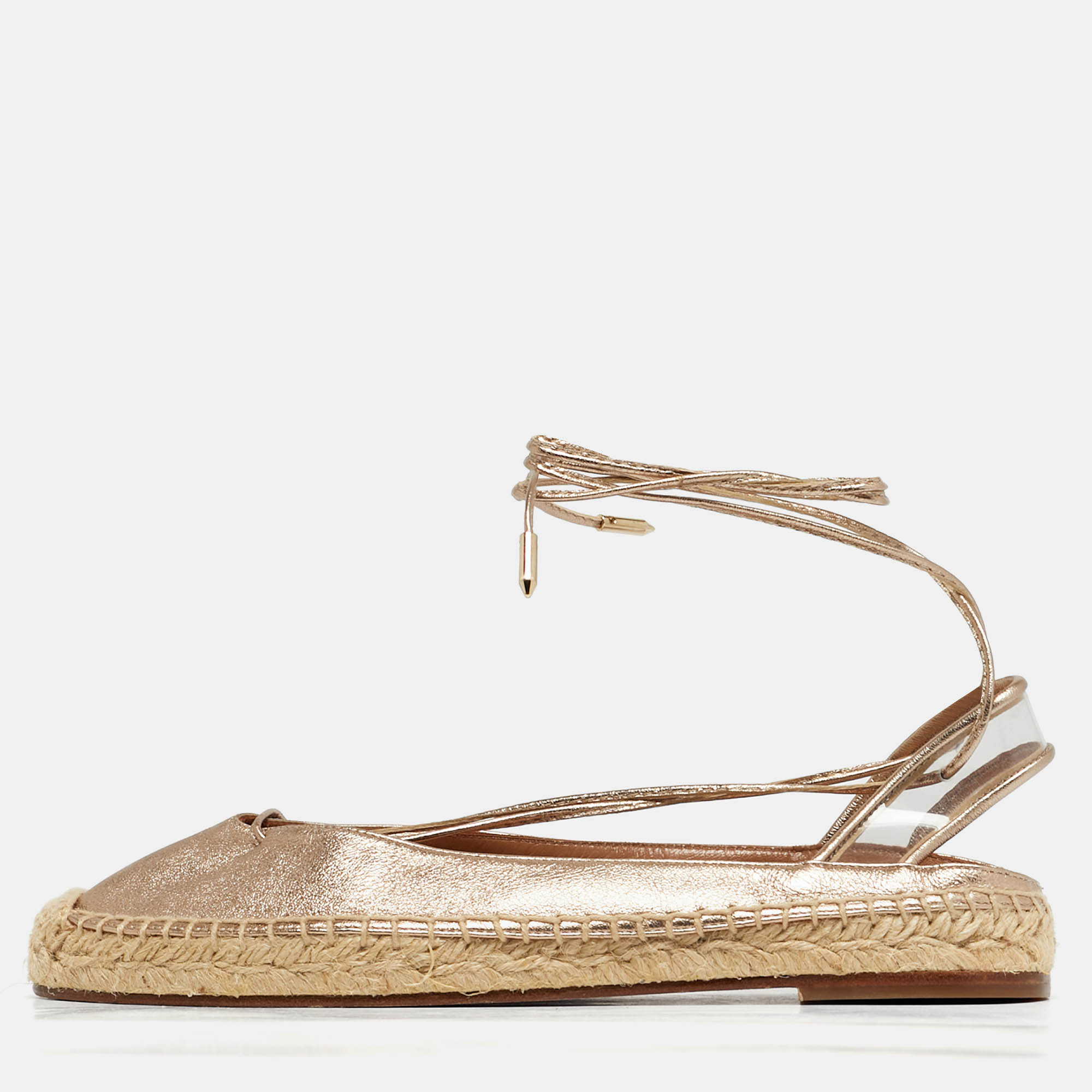 Pre-owned Aquazzura Gold Leather And Pvc Ankle Wrap Espadrille Flat Size 35.5