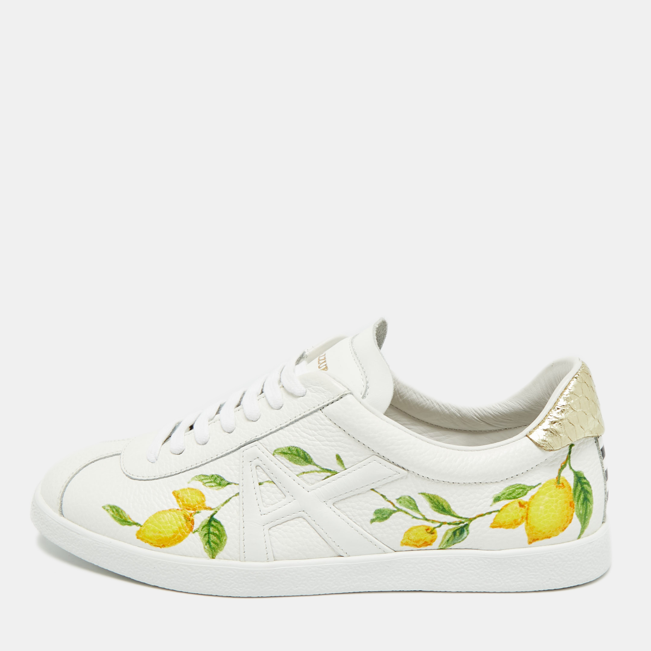 

Aquazzura White/Gold Leather and Snakeskin Embossed A Lemon-print Lace Up Sneakers Size