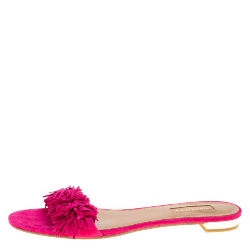 

Aquazzura Fuchsia Pink Suede Wild Thing Fringe Trimmed Flat Slides Size