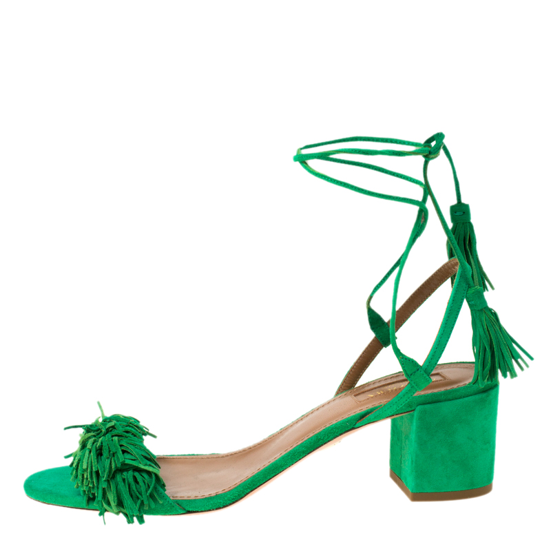 

Aquazzura Green Fringed Suede Wild Thing Ankle Wrap Block Heel Sandals Size