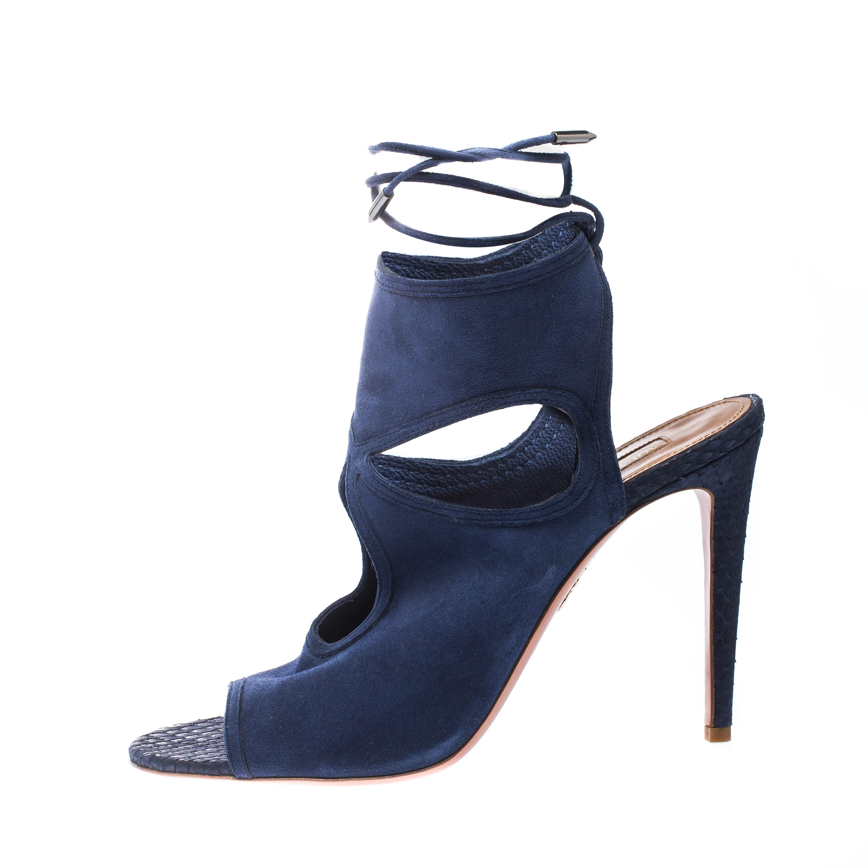 

Aquazzura Blue Cutout Suede and Snakeskin Sexy Thing Peep Toe Sandals Size