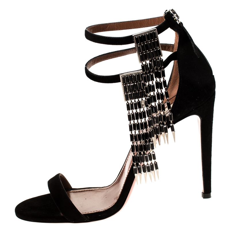 

Aquazzura Black Suede Embellished Ankle Strap Sandals Size