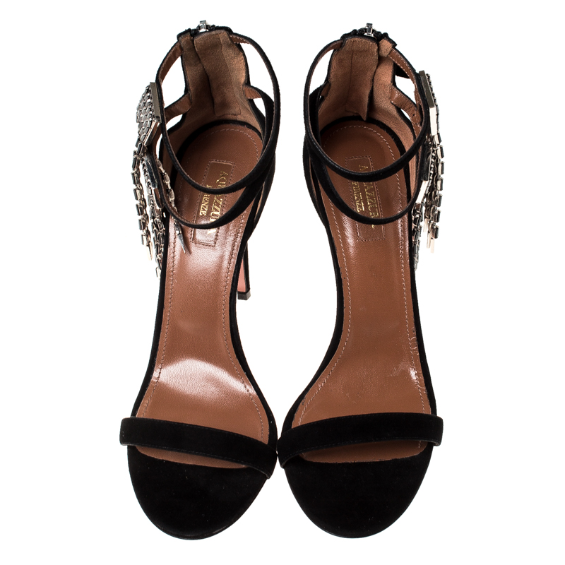 Aquazzura Black Suede Embellished Ankle Strap Sandals Size 38 Aquazzura ...