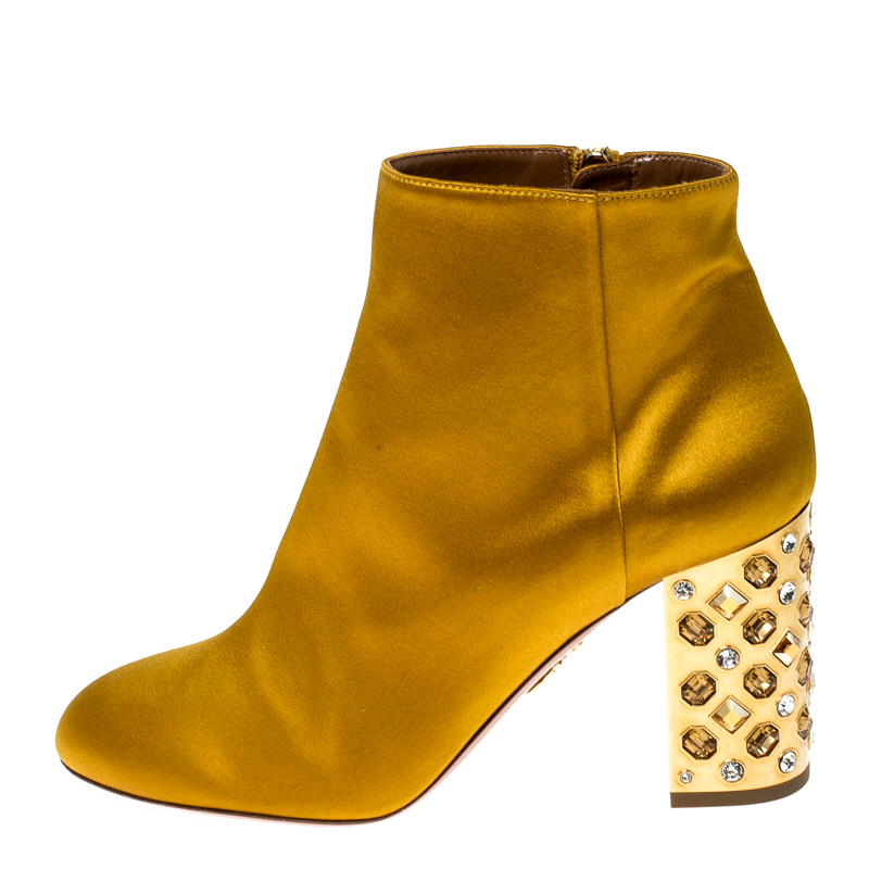 

Aquazzura Yellow Satin Party Embellished Heel Ankle Booties Size