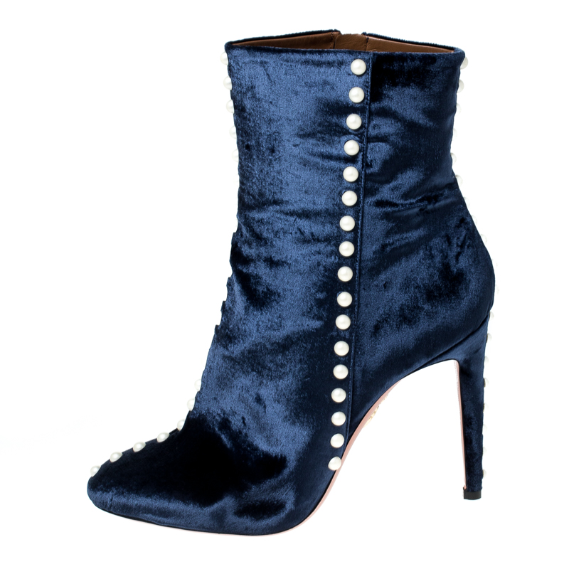 

Aquazzura Navy Blue Velvet Follie Pearls Ankle Boots Size