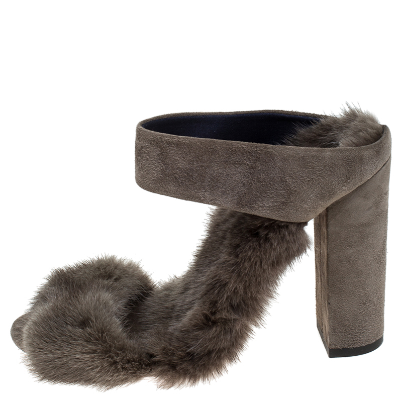

Aquazzura Grey Fur Purr Purr Ankle Strap Sandals Size