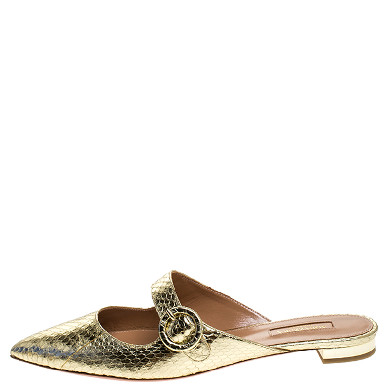 

Aquazzura Gold Snake Leather Blossom Pointed Toe Flat Mules Size
