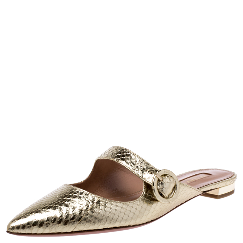 Pre Owned Aquazzura Metallic Gold Python Embossed Leather Buckle Detail Flats Size 38