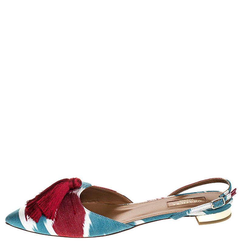 

Aquazzura Multicolour Canvas Fringe Detail Ankle Strap Flats Size, Multicolor