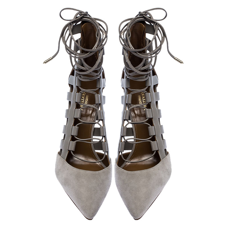 Aquazzura Aquazurra Grey Suede And Leather Amazon Cut Out Strappy Pointed Toe Pumps Size 40.5