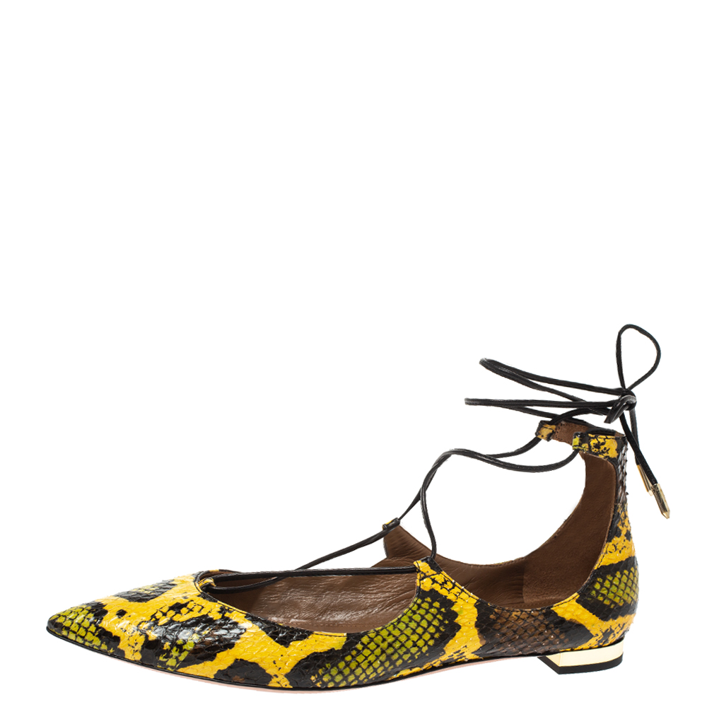 

Aquazzura Multicolor Python Embossed Leather Pointed Toe Ankle Wrap Flats Size