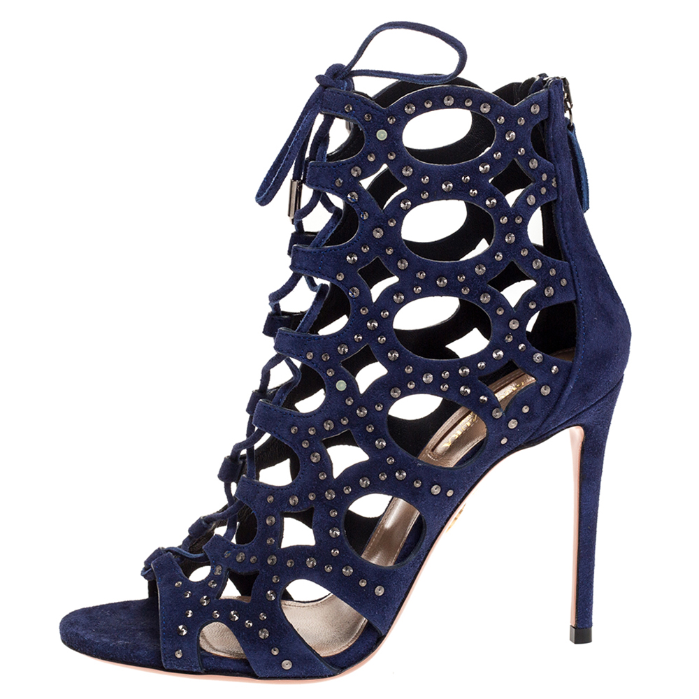 

Aquazzura Blue Suede Leather Begum Studded Cut Out Open Toe Ankle Booties Size