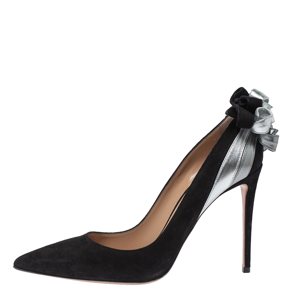 

Aquazzura Black/Silver Suede and Leather Fire Pumps Size