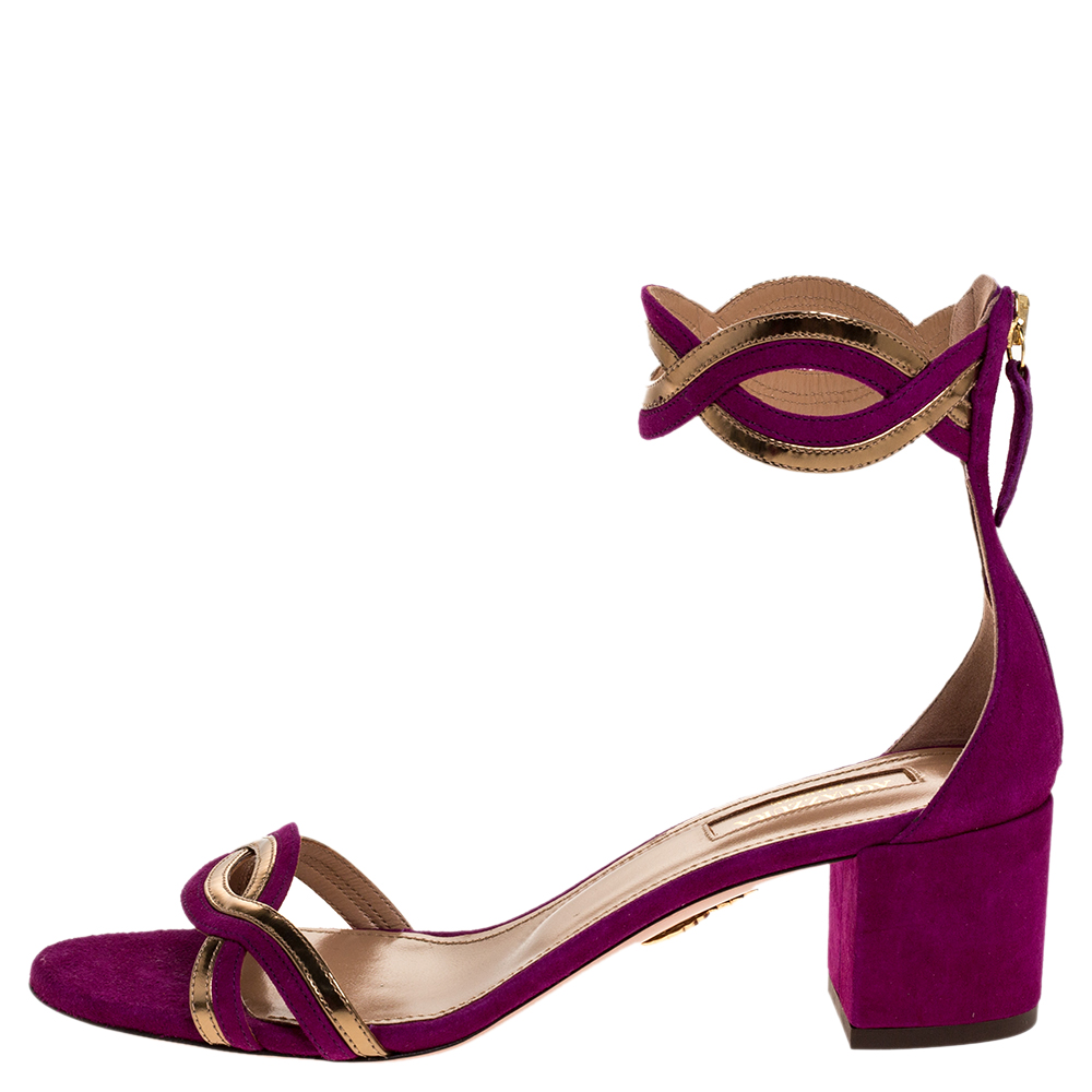

Aquazzura Purple/Gold Suede and Patent Leather Moon Ray Sandals Size