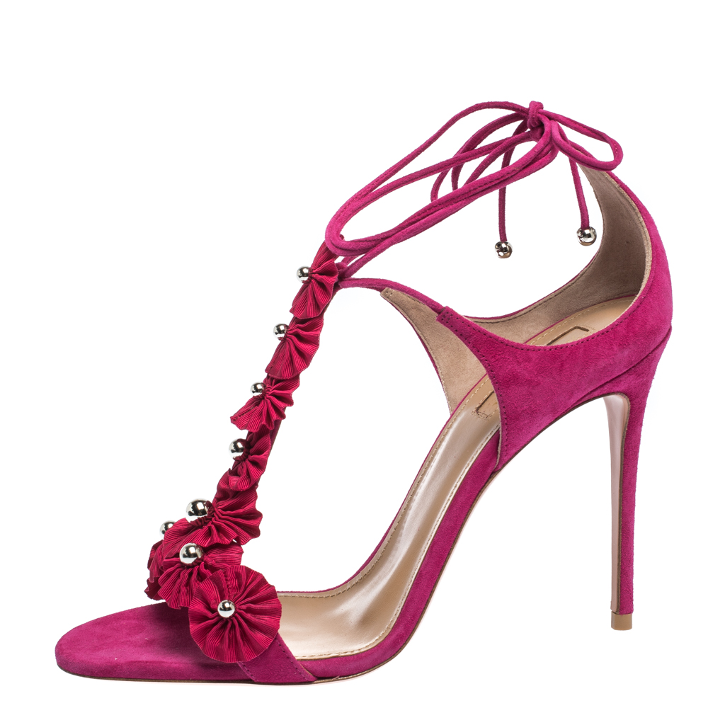 

Aquazzura Magenta Suede Exotic Ankle Wrap Sandals Size, Pink