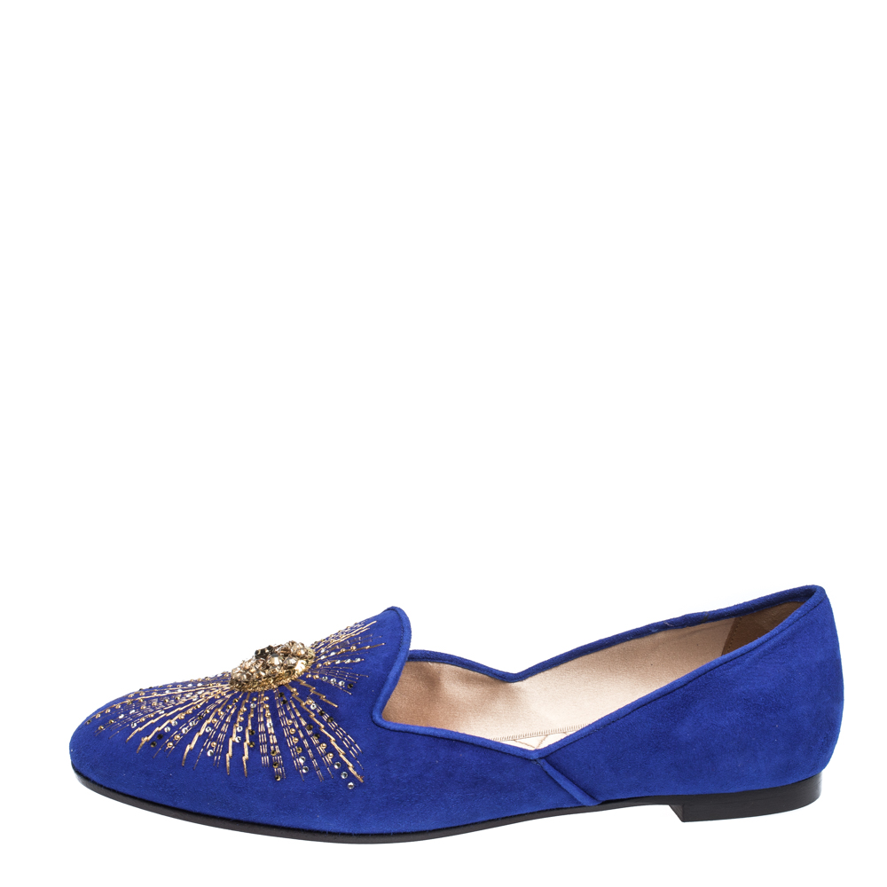 

Aquazzura Royal Blue Suede Sunlight Embellished Loafers Size