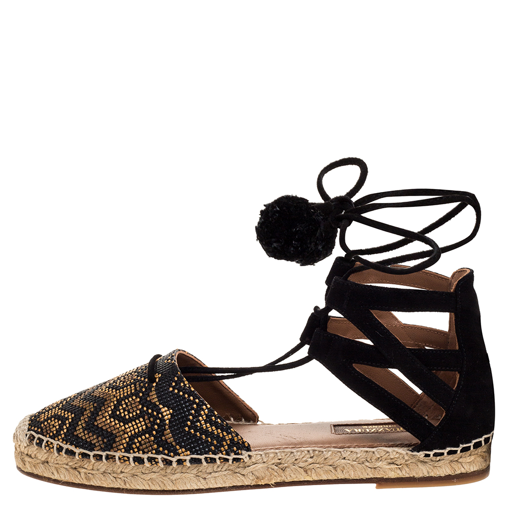 

Aquazzura Brown/Black Raffia And Suede Leather Belgravia Lace Up Espadrille Flat Sandals Size