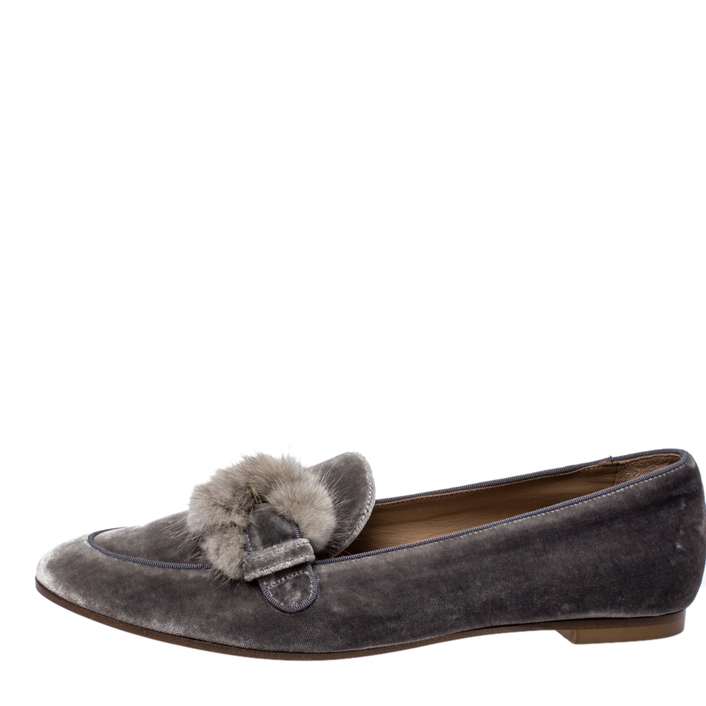 

Aquazzura Grey Velvet And Mink Fur Buckle Slip On Loafers Size 38