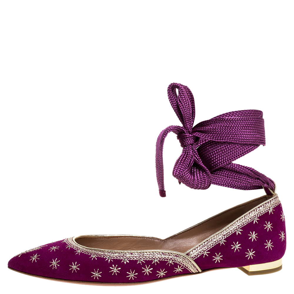 

Aquazzura Purple Suede Leather Bliss Embroidered Ankle Wrap Ballet Flats Size