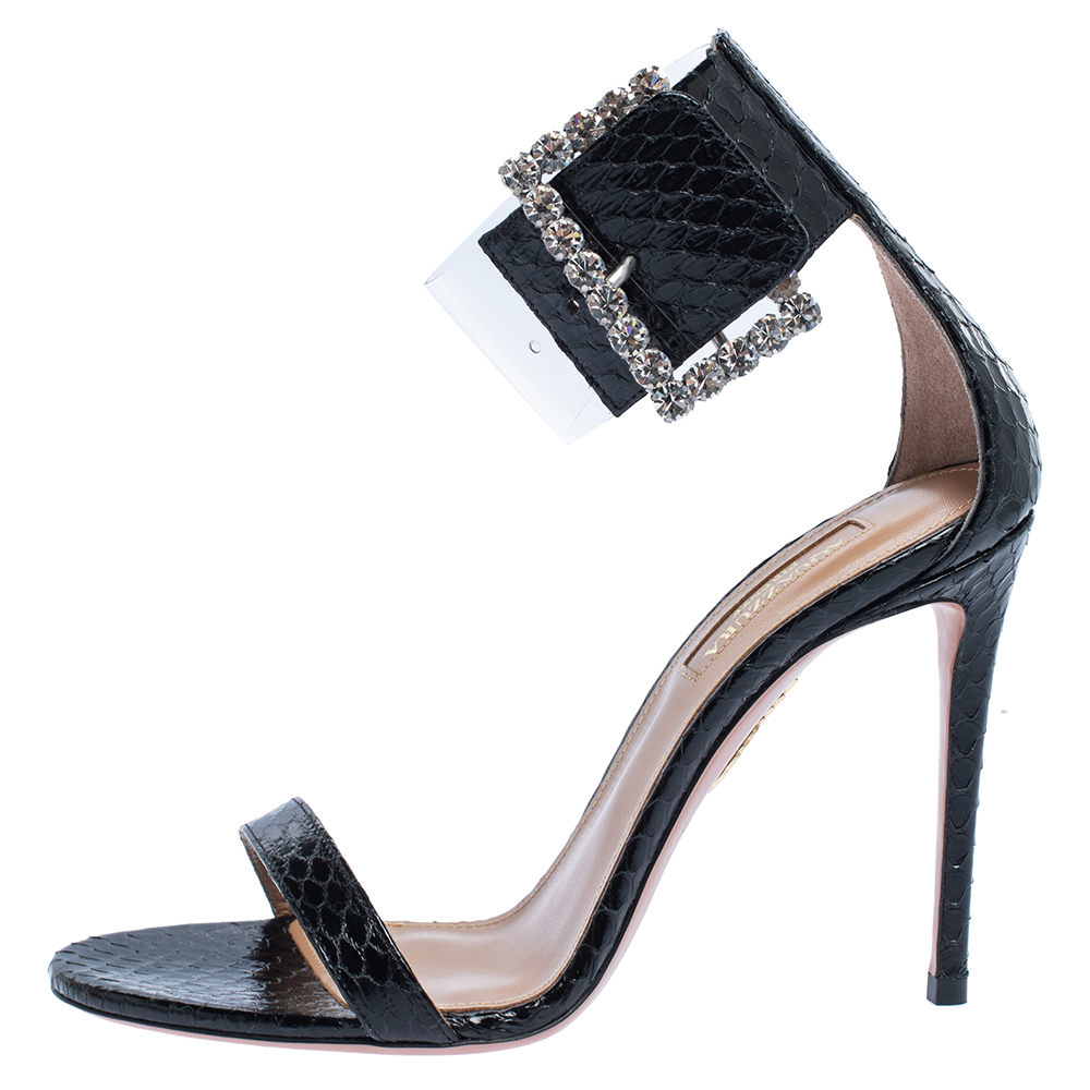 

Aquazzura Black Snake Leather And PVC Casablanca Crystal Embellished Ankle Cuff Sandals Size