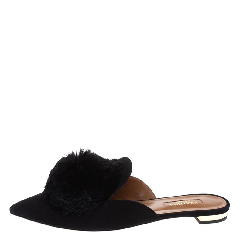 

Aquazzura Black Suede Powder Puff Pom Pom Mules Size