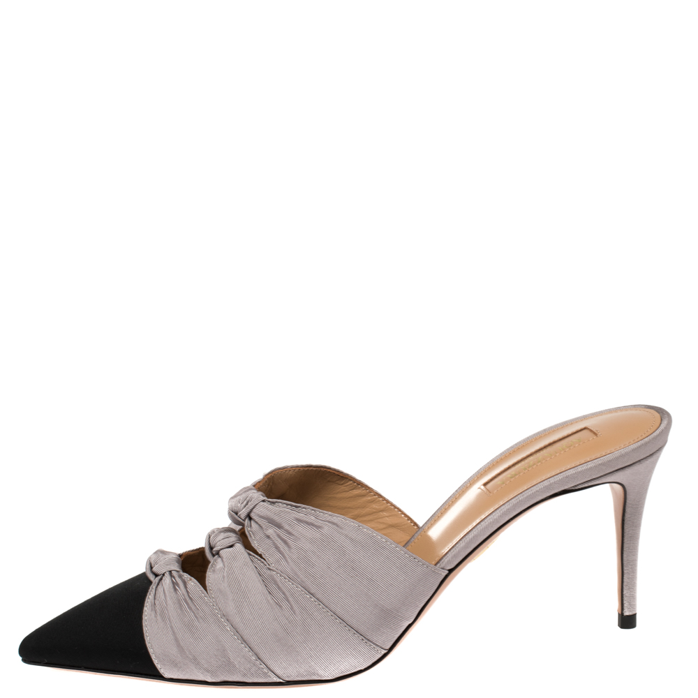

Aquazzura Black/ Grey Canvas Knotted FaIle Mule Sandals Size