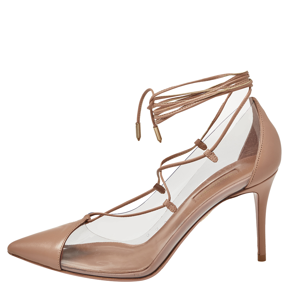 

Aquazzura Beige Leather And PVC Magic Ankle Wrap Pumps Size