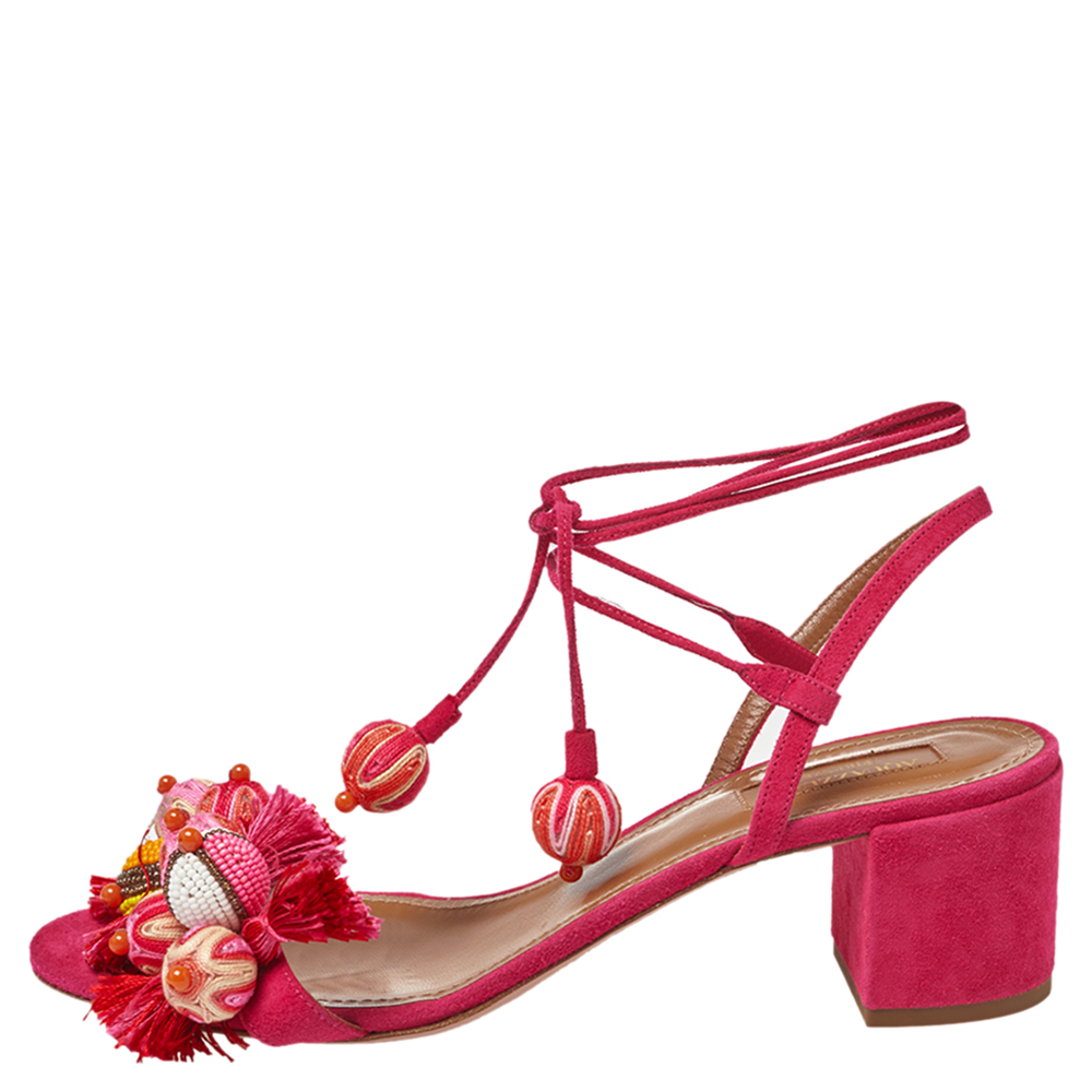 

Aquazzura Paradise Pink Suede Tropicana Tasseled Beaded Ankle Tie Sandals Size