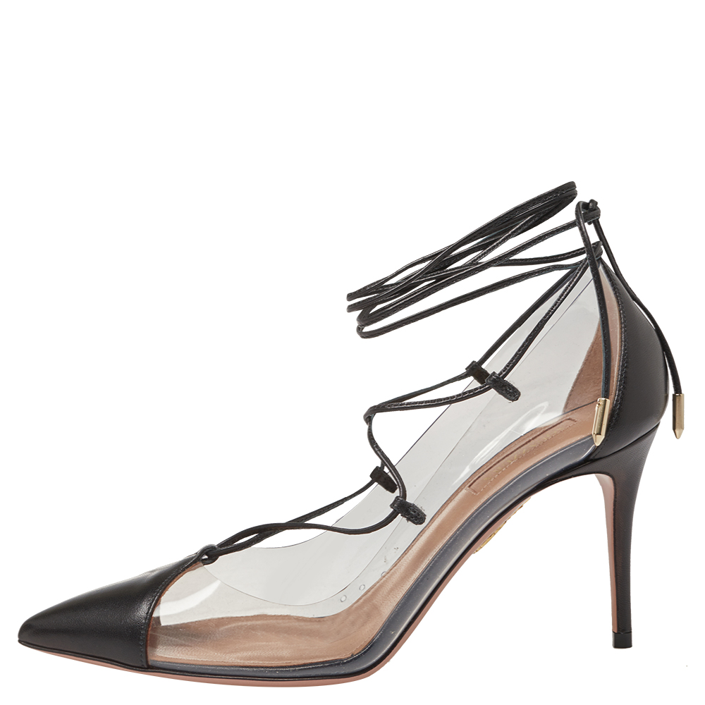 

Aquazzura Black Leather And PVC Lace Up Pumps Size