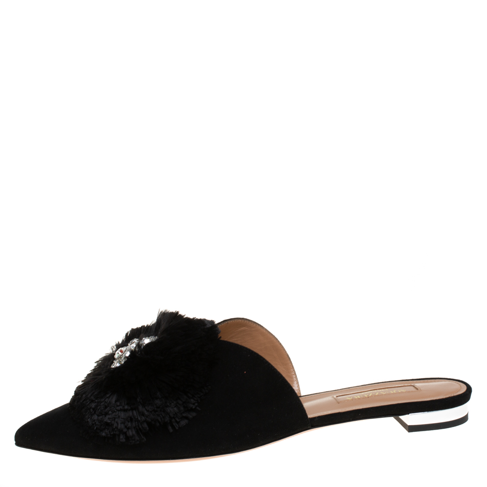 

Aquazzura Black Suede Powder Puff Crystal Embellished Flat Sandals Size