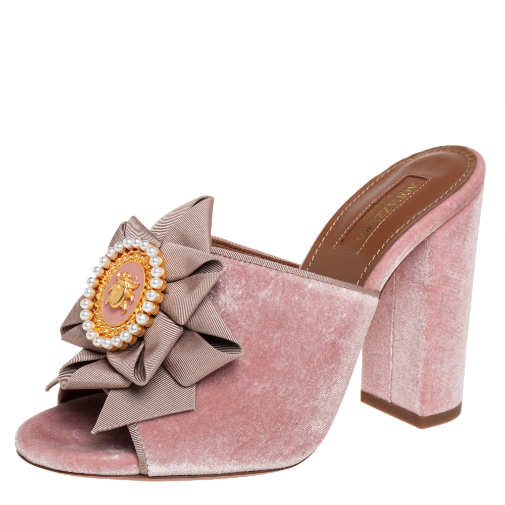 Pre-owned Aquazzura Pink Velvet And Fabric Embellished Slide Sandals Size 36.5