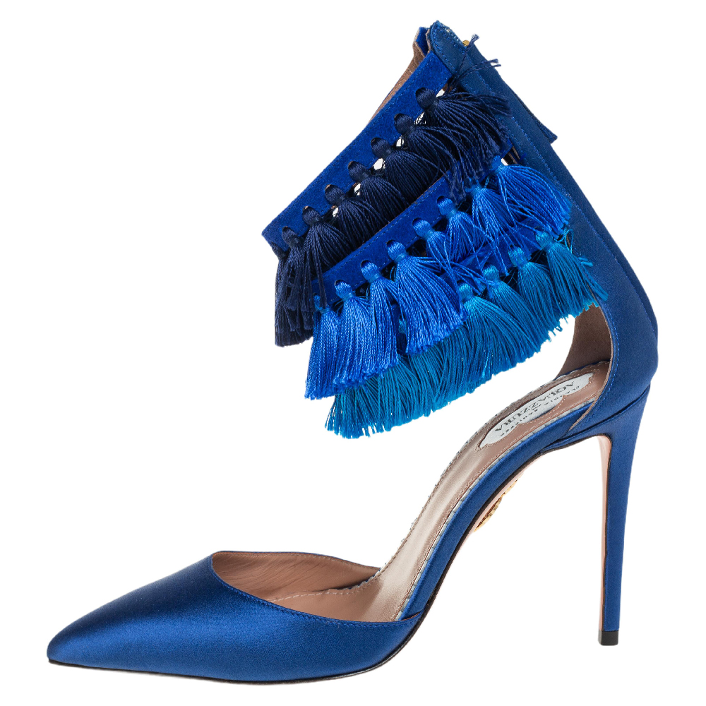 

Claudia Schiffer For Aquazzura Blue Satin And Suede Tasseled Loulou Pumps Size