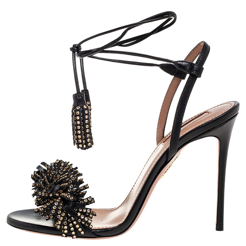 

Aquazzura Black Leather Embellishment Ankle Wrap Sandals Size