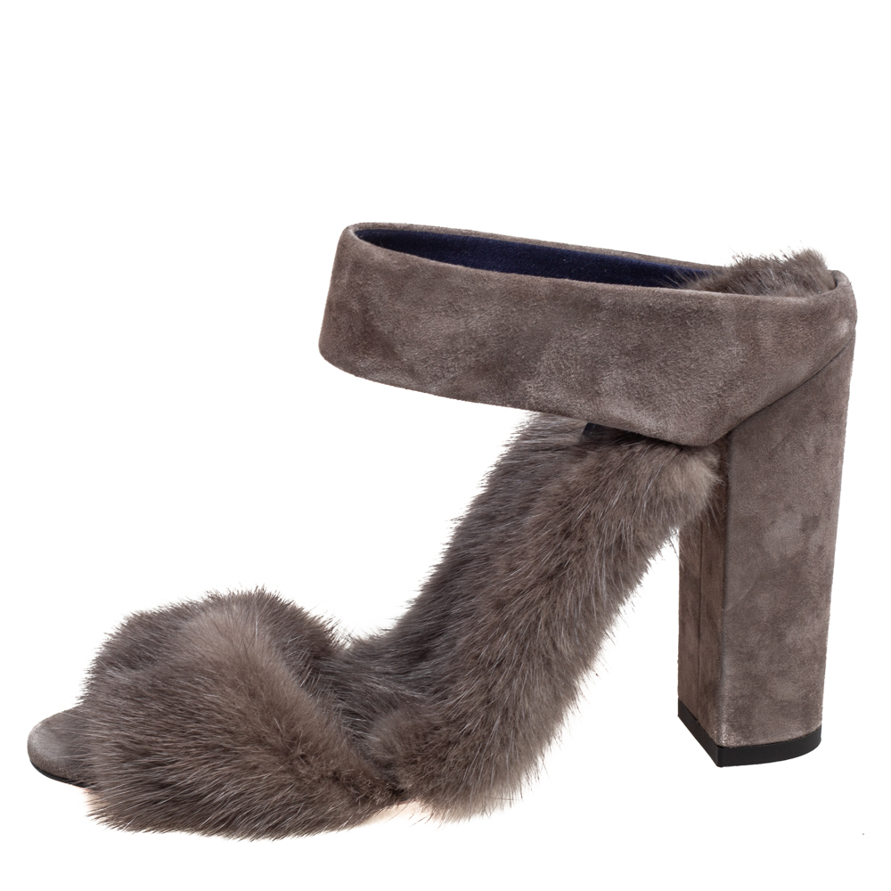 

Aquazzura Grey Mink Fur Purr Purr Ankle Strap Sandals Size
