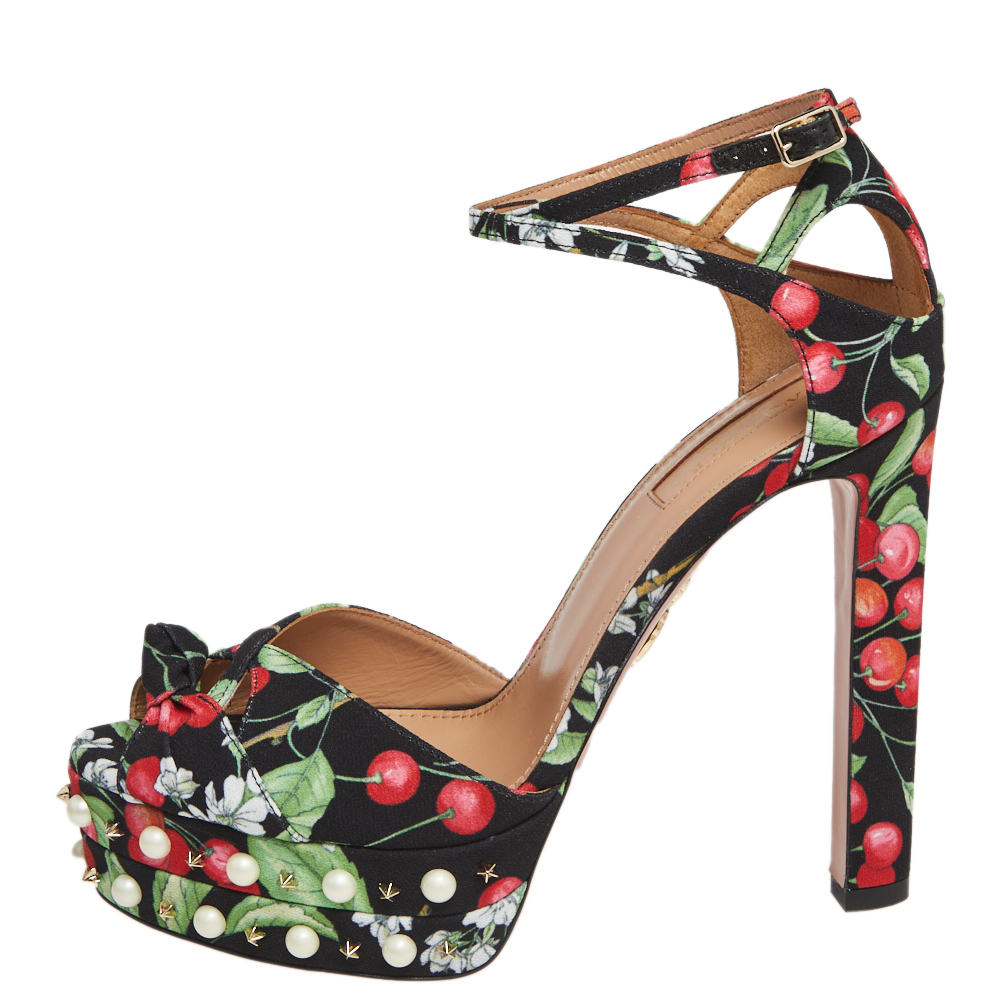 

Aquazzura Multicolor Cherry Blossom Print Fabric Harlow Pearls Platform Sandals Size