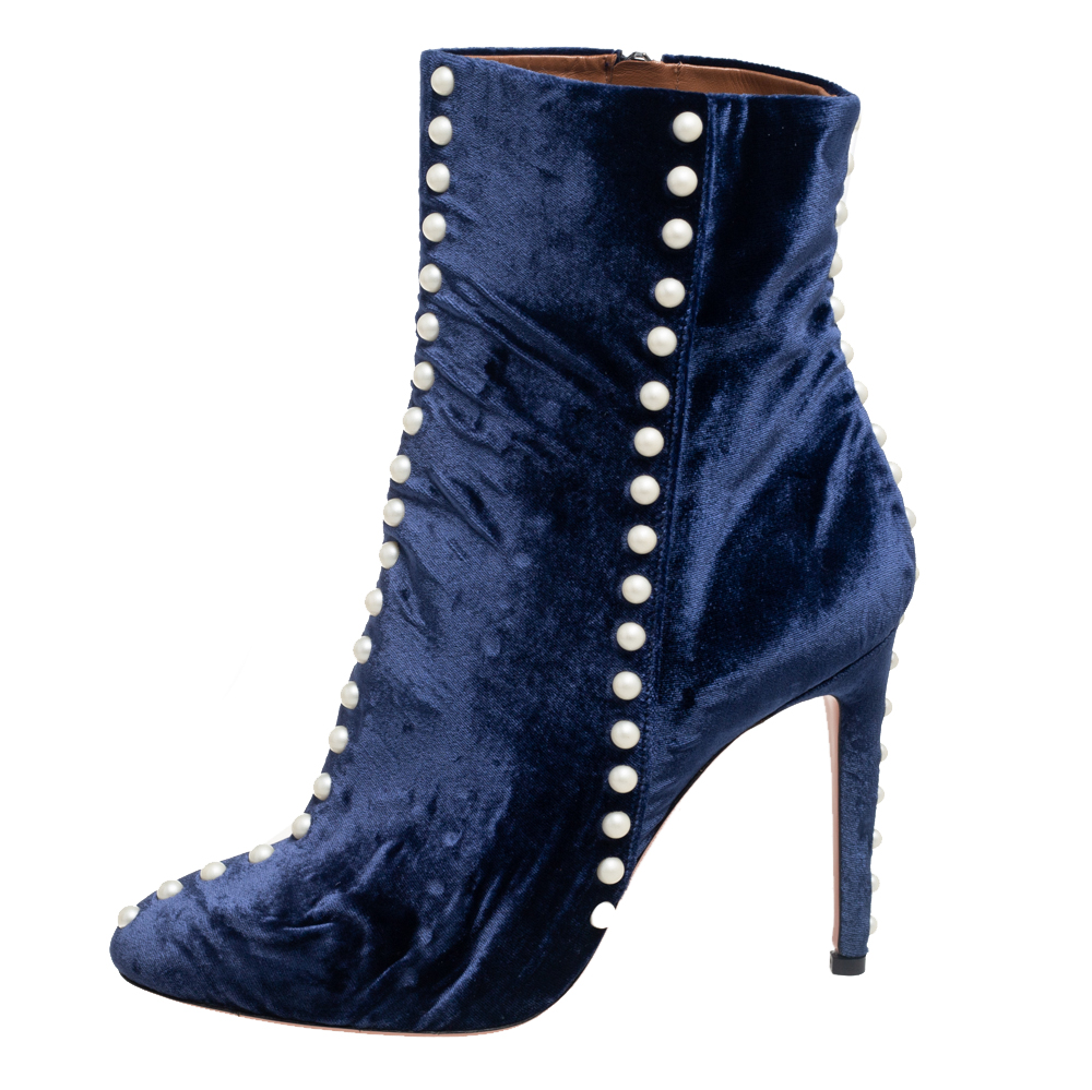 

Aquazzura Navy Blue Velvet Follie Pearls Ankle Boots Size